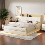Lit 140x190 cm - ensaches - sommier - led et usb - cadre de lit en m�tal - blanc