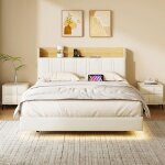 Lit 140x190 cm - lit flottant 140x190 cm avec led et ports usb - 2 personnes - tte de lit avec rangement ...
