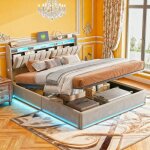 Lit 140x190 cm gris - led - sommier  lattes - tissu en velours - cadre de lit double - lit adulte et ...