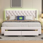 Lit 140x190 cm avec led et 2 tiroirs lit adulte avec chargement usb lit double lit 2 personnes sommier ...