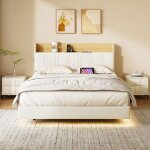 Lit 140x190 cm avec led - lit adulte flottant avec rangement intgr et ports usb - design moderne et ...