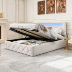 Lit 140x190 cm avec led - cozy - lit coffre 140x190 avec sommier  lattes - cadre de lit adulte - tissu ...