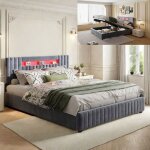 Lit 140x190 avec rangement - nmonet - led - cadre de lit coffre 140x190 cm - velours gris - hydraulique ...