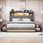 Lit 140x190 cm panier de rangement sous le lit matelas rembourr� lin gris