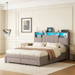 Lit 140x190 cm capitonn� pocketpop gris avec led prises usb et 2 tiroirs sommier � lattes