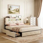 Lit 140x190 pocketpop velours beige - t�te capitonn�e led 4 tiroirs 2 usb + type - c sommier � lattes ...