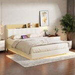 Lit 140x190 cm - sommier - ensaches - led et usb - cadre de lit en m�tal - blanc