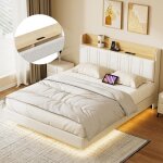 Lit 140x190 cm avec sommier led et usb comanlai cadre de lit 2 personnes avec tte de lit rangement design ...