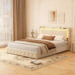 Lit 140x190 velours beige nmonet ? led ports usb / type?c tiroirs sommier � lattes t�te capitonn�e