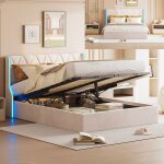 Lit double 140x190 cm - luminarix - velours beige - led int�gr�e - rangement hydraulique - design moderne ...