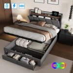 Lit double 140x190 cm - luminarix - lit coffre avec led et usb - 2 tiroirs de rangement - gris fonc� ...