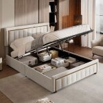 Lit 140x200 cm velours blanc bordure dor�e sommier � lattes rangement ouvert cadre renforc�