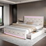 Lit 140x200 cm avec 4 tiroirs lit rembourr avec led et usb type c sommier  lattes 2 personnes cadre ...