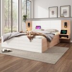 Lit 140x200 cm en bois massif et mdf blanc / ch�ne 2 tiroirs 2 tables de chevet t�te avec liseuse orientable ...