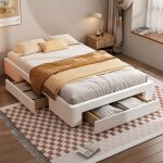 Lit 140x200 cm cadre de lit avec sommier  lattes lit double avec 3 tiroirs lit adulte en lin beige sans ...