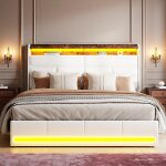Lit 140x200 cm - cozy - led - sommier  lattes - tissu en pu - cadre de lit adulte 140x200 cm - blanc ...