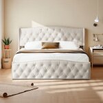 Lit 140x200 cm - cozy - tissu en velours - sommier - cadre de lit double 140x200 cm - blanc cass�