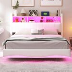 Lit 140x200 cm design suspendu rembourr� lit de rangement avec lumi�re led interface usb et type - c ...