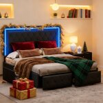 Lit 140x200 cm - drelygwea - led - 4 tiroirs - simili - pu noir - t�te de lit r�glable