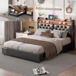 Lit 140x200 cm - nmonet - led - usb - tissu en simili cuir - cadre de lit double 140x200 cm - noir