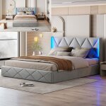 Lit 140x200 cm - led - tissu en velours - cadre de lit adulte - lit adulte 140x200 cm - 140x200 cm - ...