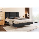 Lit 140x200 cm en lin noir avec t�te rembourr�e 8 cm lattes incluses et pieds imitation bois / laiton ...