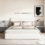 Lit 140x200 cm avec sommier  lattes cozy lit adulte avec usb et type c cadre de lit coffre tissu en ...