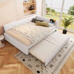 Lit 140x200 cm en velours blanc avec lit gigogne escamotable ports usb / type?c et lampe int�gr�e ? design ...