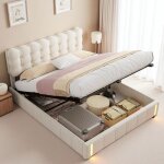 Lit 140x200 - coffre hydraulique - velours beige - �clairage led �co - responsable - m�canisme silencieux ...