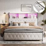 Lit double 140x190 - eifson - velours beige - 4 tiroirs - �clairage led - ports usb int�gr�s