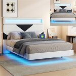 Lit 160 x 200 cm avec sommier en bois led et usb tpye c lit flottant rembourr� avec t�te de lit r�glable ...