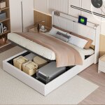 Lit coffre 160x200 - eifson - beige - rangement hydraulique - 2 ports usb - sommier � lattes