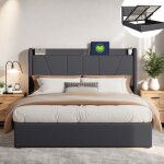 Lit coffre 160x200 - eifson - gris - rangement hydraulique - ports usb - sommier � lattes