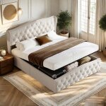 Lit 160 x 200 cm en velours lit rembourr� avec coffre de rangement lit double avec sommier � lattes d�cor ...