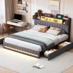 Lit 160 x 200 avec sommier lit 2 personnes avec led tête de lit étagères ouvertes lit double rembourré ... Lit 160 x 200 avec sommier lit 2 personnes avec led tête de lit étagères ouvertes lit double rembourré ...