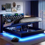 Lit 160 x 200 avec sommier lit coffre avce rangement lit suspendu lit double adulte avce led et usb pu ...