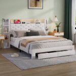 Lit 160 x 200 avec sommier lit double avec rangement led et usb tête de lit avec étagères ouvertes des ... Lit 160 x 200 avec sommier lit double avec rangement led et usb tête de lit avec étagères ouvertes des ...