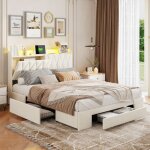 Lit 160x200 - hofurni - velours beige - tiroirs de rangement - usb et led - 2 places Lit 160x200 - hofurni - velours beige - tiroirs de rangement - usb et led - 2 places