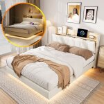 Lit 160 x 200cm avec led et 2 prises & 2 ports usbt�te de lit rembourr�e avec rangement effet flottanttissu ...