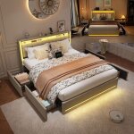 Lit 160x200 cm beige avec led int�gr�e ports usb / type - c et tiroirs - cadre adulte sommier � lattes ...