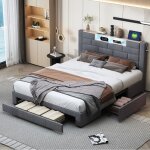Lit 160x200 cm velours gris avec led 7 couleurs 3 tiroirs ports usb / type - c sommier � lattes