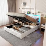 Lit coffre 160x200 cm blanc avec led int�gr�e sommier � lattes support hydraulique cadre pu / m�tal