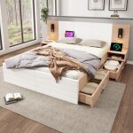 Lit 160x200 cm bois massif / mdf 2 tiroirs t�te avec liseuse 360� et port usb ? blanc et ch�ne clair