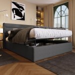 Lit coffre - langtu - gris - 160x200 cm - cadre m�tal - sommier � lattes - t�te tapiss�e lin