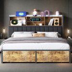 Lit adulte 160x200 cm - tanant - m�tal noir - led int�gr�e - 2 tiroirs - t�te de lit rembourr�e