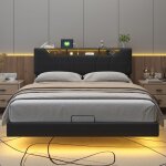 Lit 160x200 cm lit coffre led prises int�gr�es t�te de lit r�glable cuir pu noir