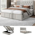 Lit coffre avec sommier � lattes - langtu - d�cor rivets - 160x200 cm - gris clair - housse coton - lin ...