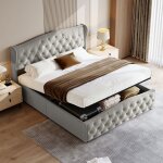 Lit 160x200 cm lit double avec sommier � lattes et coffre de lit lit rembourr� lit double adulte gris ...