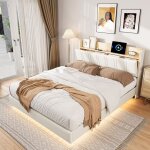 Lit 160x200 cm - ensaches - sommier - led et usb - cadre de lit en m�tal - blanc