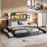 Lit queen 160x200 cm - nmonet - tissu en lin noir - avec led et 4 tiroirs - structure en mtal